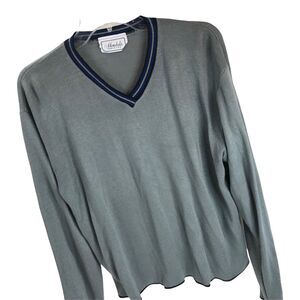 Vtg Mondala USA Sweater 90s Popover V-neck Gray striped trim Sz M Unisex Grunge